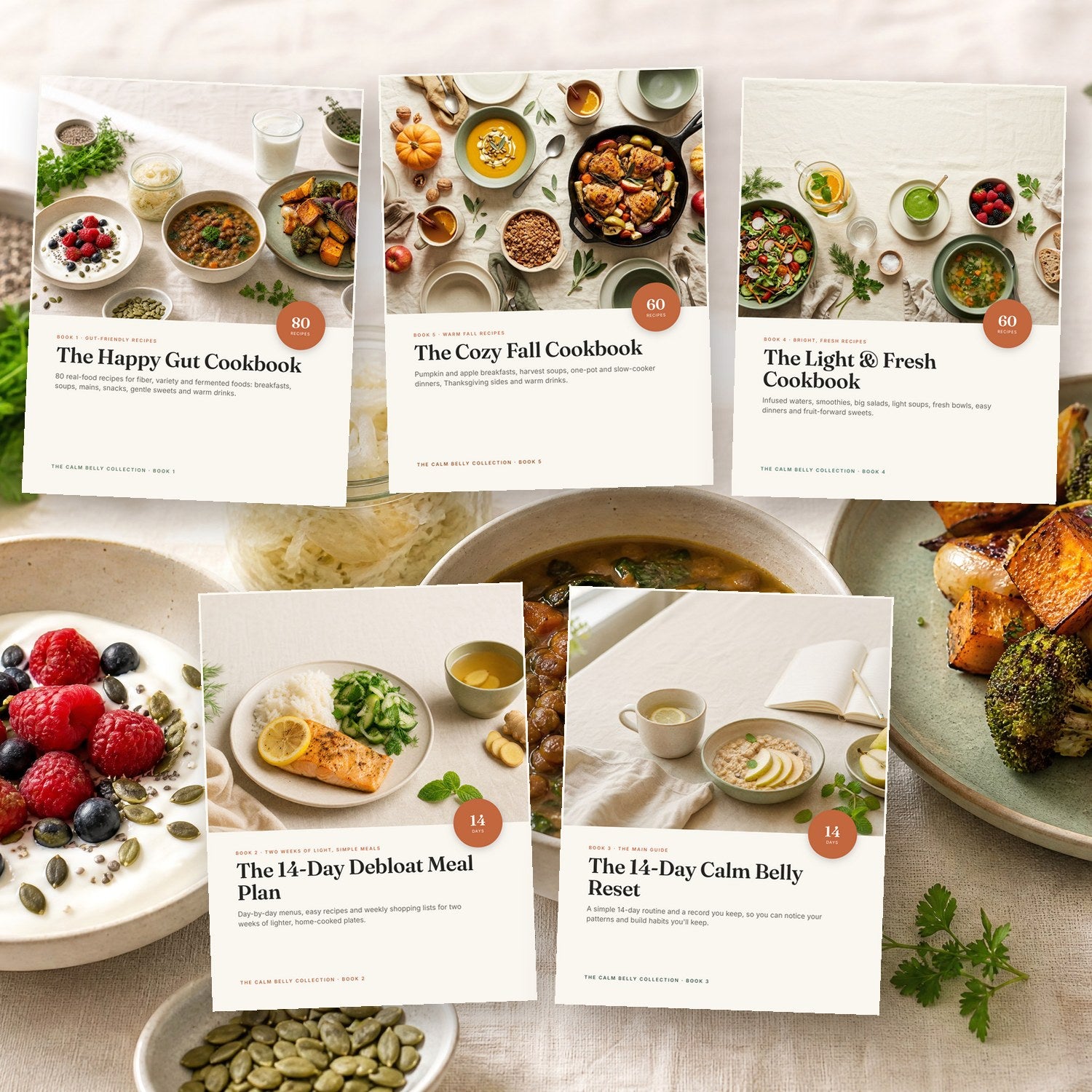 The five Calm Belly books on a kitchen table